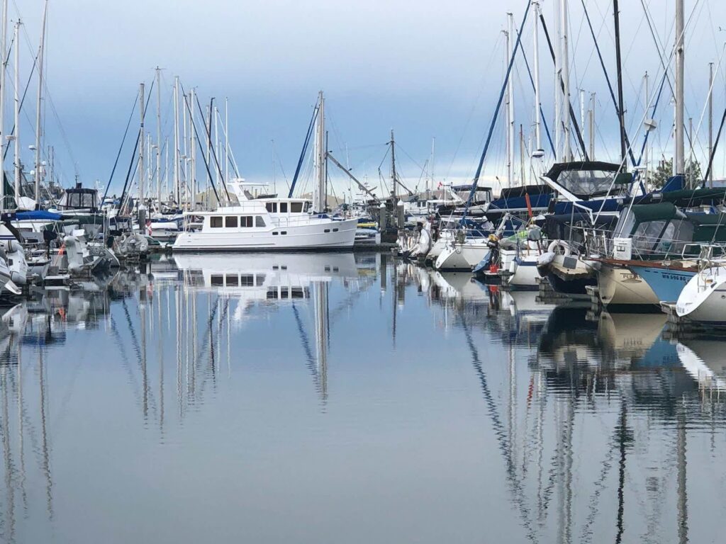 White North Pacific pilothouse yacht docked among sailboats in a marina