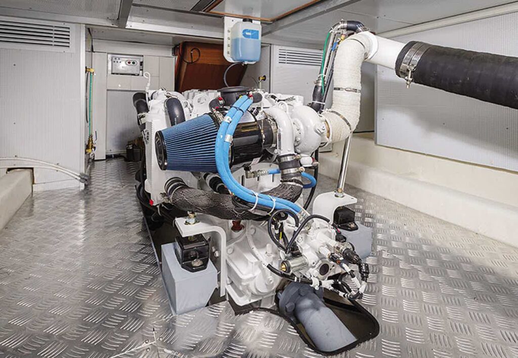 Marine engine installed in the machinery space of a North Pacific yacht