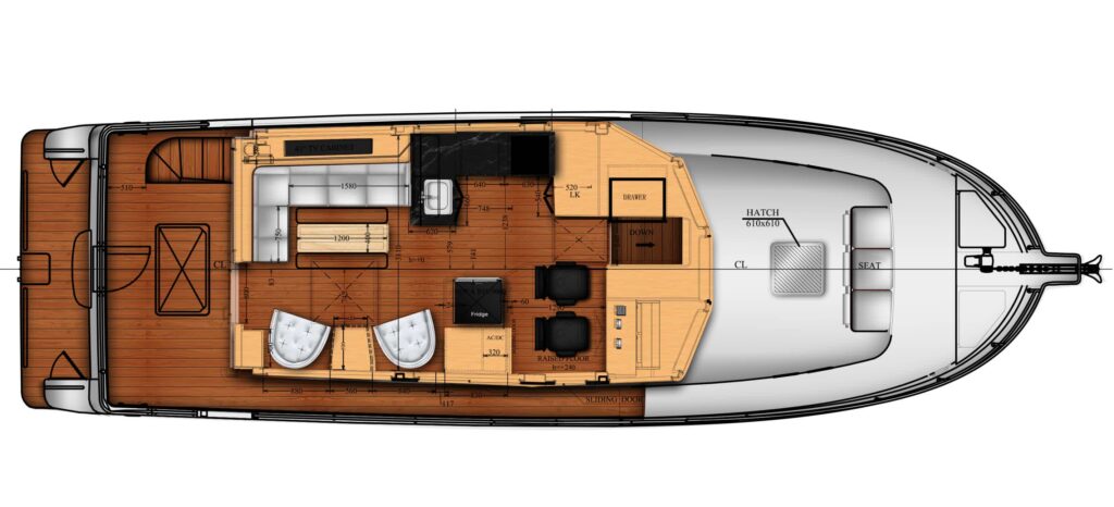 Detailed floor plan of a trawler yacht main deck with seating, kitchenette, helm, and storage areas