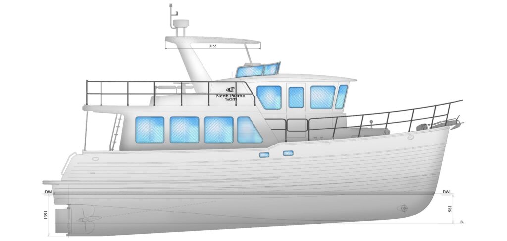 Side profile schematic of a North Pacific custom pilothouse trawler yacht with detailed dimensions