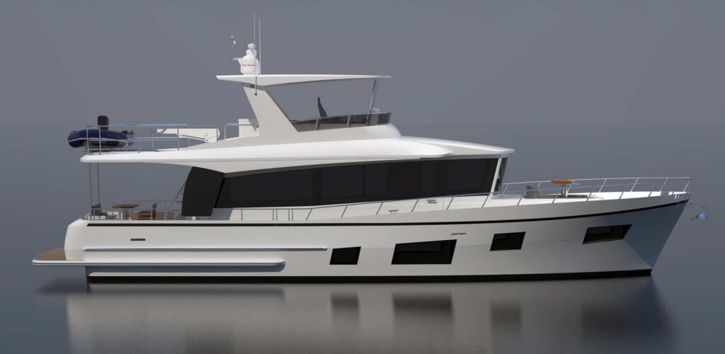 Modern white North Pacific pilothouse yacht with spacious deck and flybridge