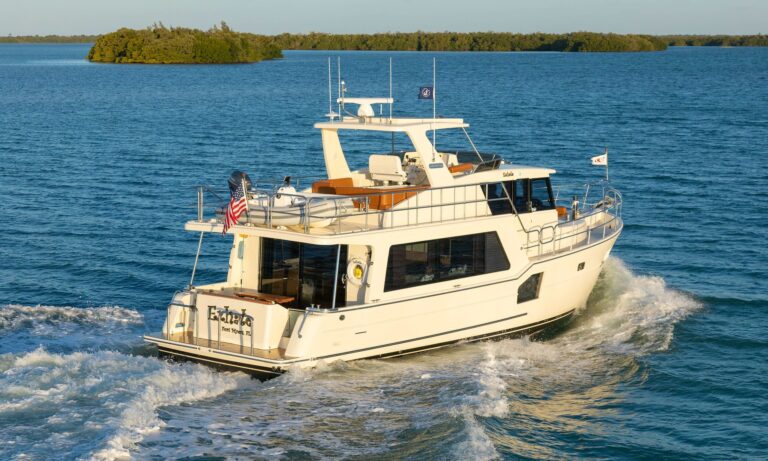 North Pacific Yachts custom pilothouse yacht cruising near mangrove islands