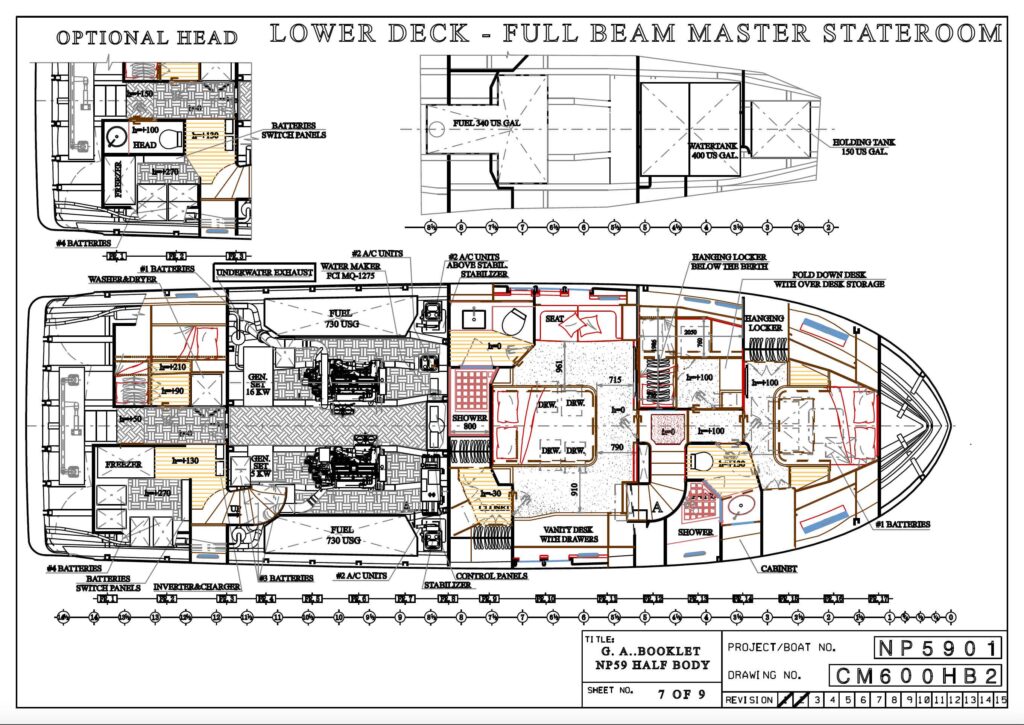 North Pacific 590 lower-deck drawing showing a full-beam master stateroom and optional head