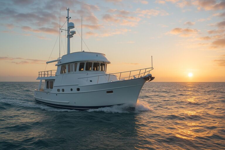North Pacific pilothouse yacht cruising at sunset on calm sea