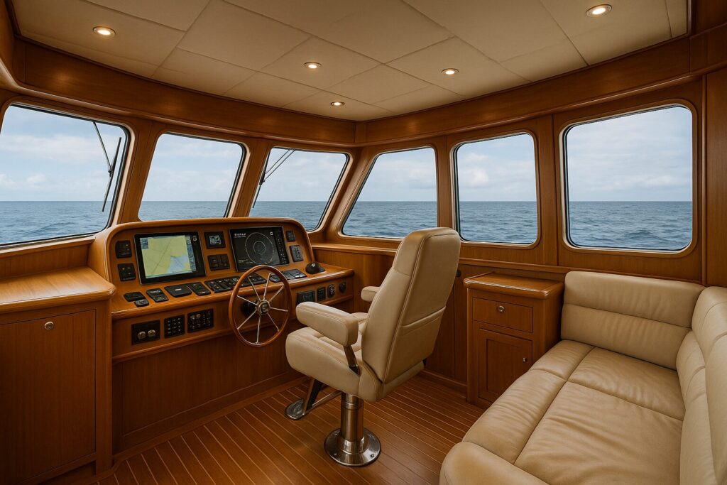 Spacious pilothouse interior with teak wood finishes and beige leather seating on a North Pacific Yacht