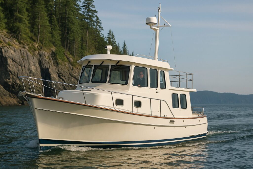 North Pacific pilothouse trawler cruising near forested coastline