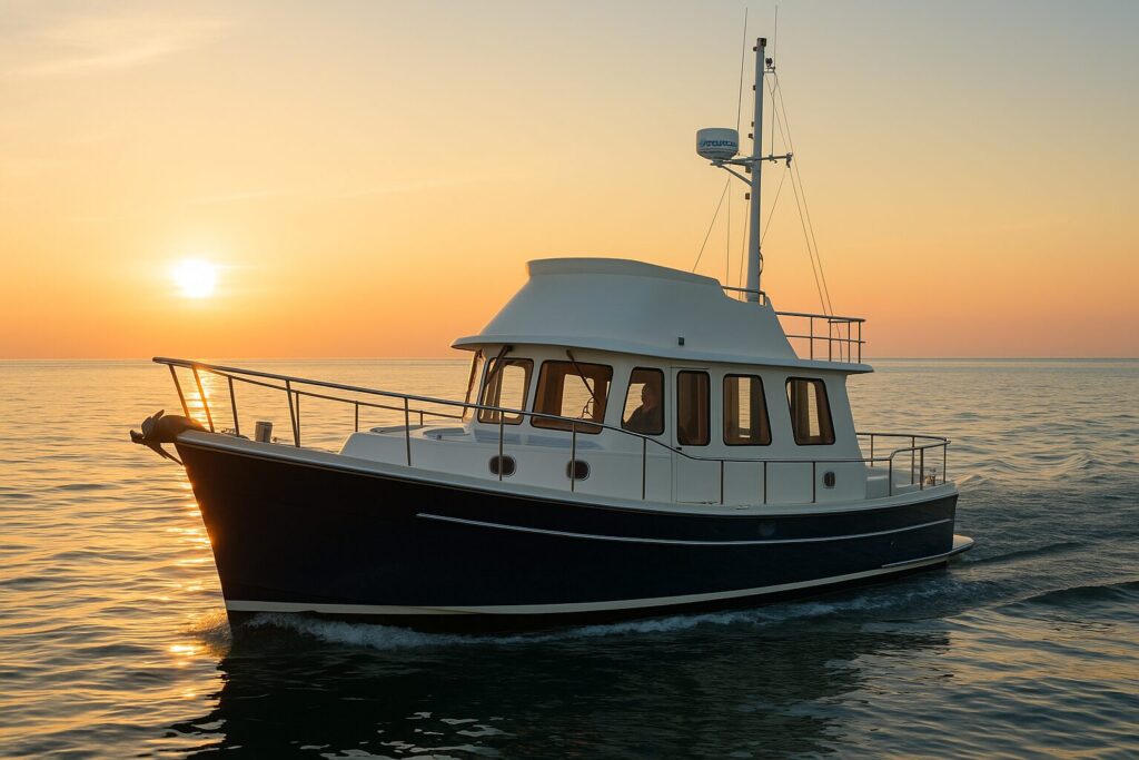North Pacific pilothouse yacht cruising at sunset on calm waters