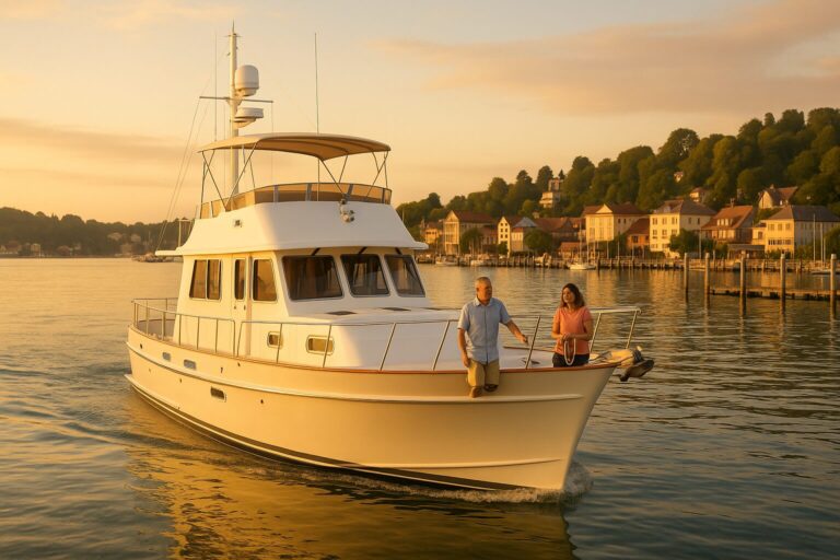 Couple on North Pacific Yacht trawler cruising at sunset near coastal town