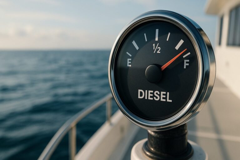 Boat diesel fuel gauge showing full tank near ocean