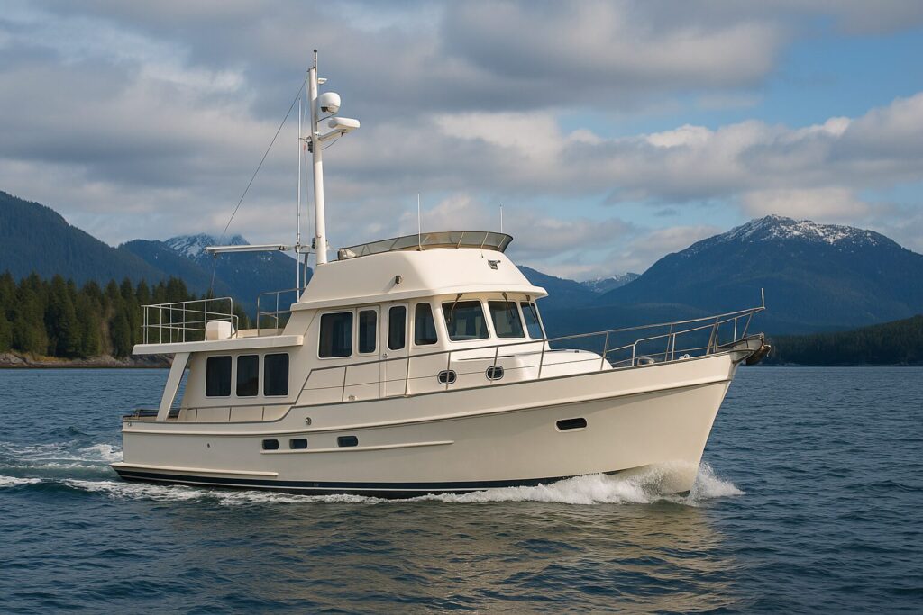 North Pacific yacht cruising on calm water with forested mountains and cloudy sky background