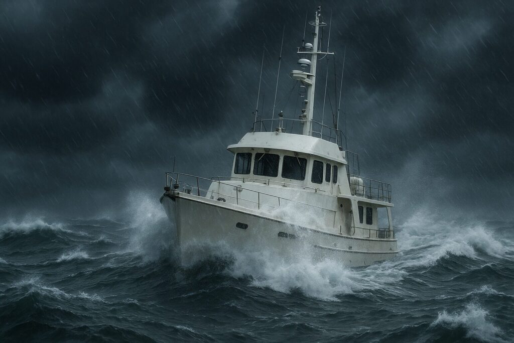 North Pacific pilothouse yacht navigating rough seas in stormy weather