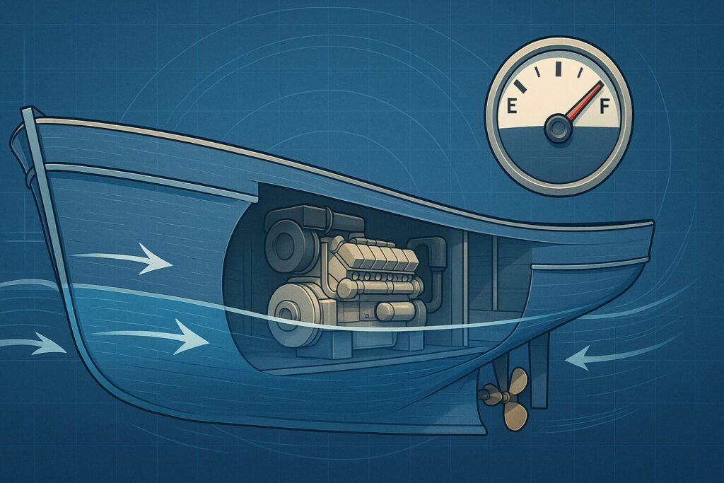Illustration of a boat hull with engine and fuel gauge showing full