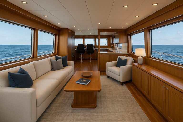 Luxurious wooden interior of North Pacific Yacht pilothouse with ocean views