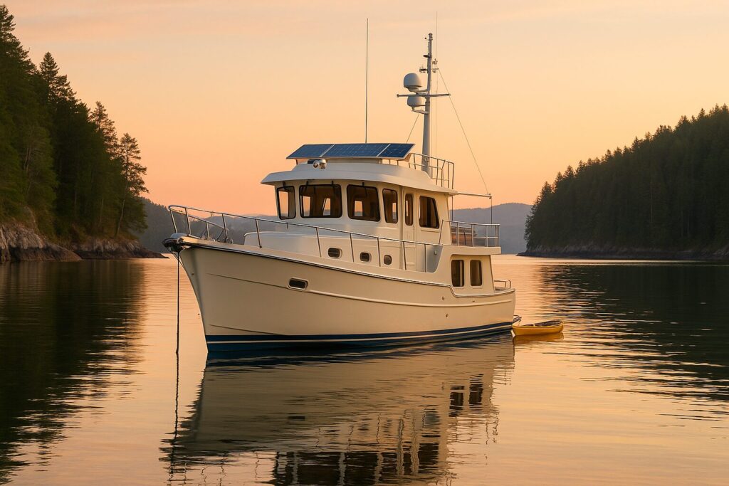 North Pacific custom pilothouse yacht anchored at sunset in calm waters with forested shoreline