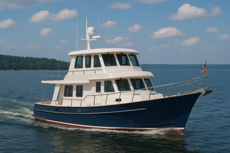 North Pacific Yacht custom pilothouse trawler cruising on calm water