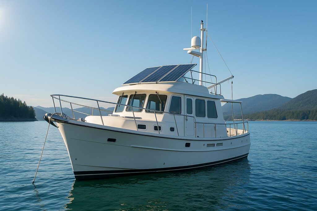 North Pacific pilothouse yacht anchored in calm waters with solar panels on roof