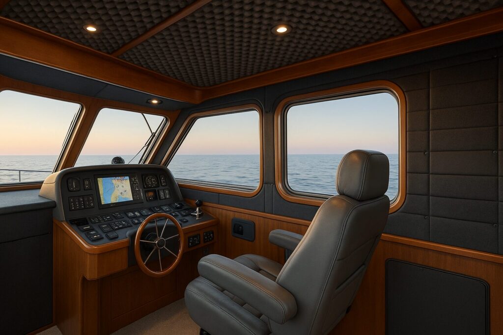 Luxury pilothouse yacht helm with leather captain's chair and ocean view