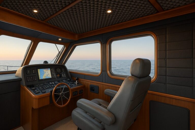 Luxury pilothouse yacht helm with leather captain's chair and ocean view