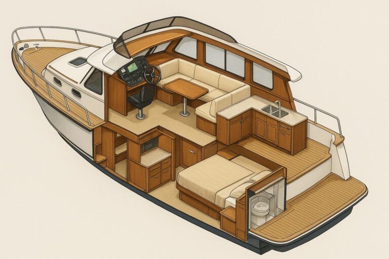 Cutaway view of North Pacific Yacht pilot house interior with helm, seating, galley, and sleeping area.