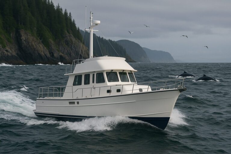 North Pacific Yachts custom pilothouse boat cruising near forested coastline with whales nearby