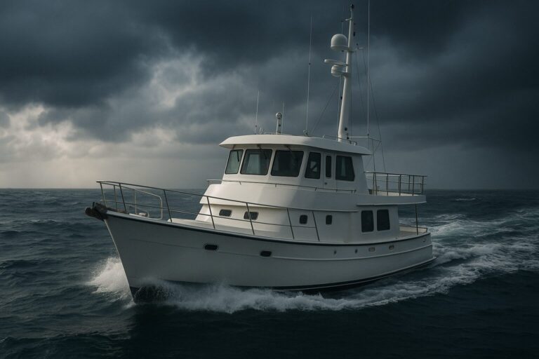 White custom pilothouse trawler yacht cruising on dark ocean under stormy sky