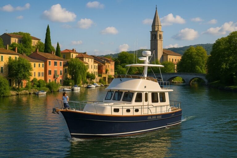 North Pacific Yachts pilothouse boat cruising a river near colorful buildings and a stone bridge
