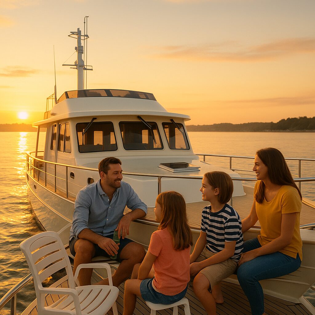 Family enjoying sunset on deck of North Pacific Yacht pilothouse trawler