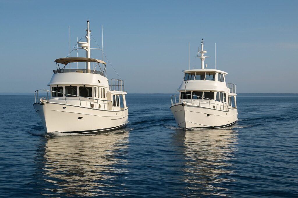 Two white North Pacific pilothouse trawler yachts cruising side by side on calm blue water
