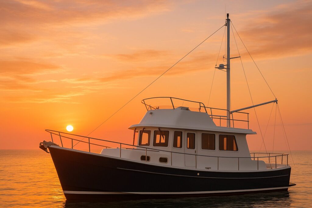 North Pacific Yacht pilothouse boat cruising at sunset on calm water