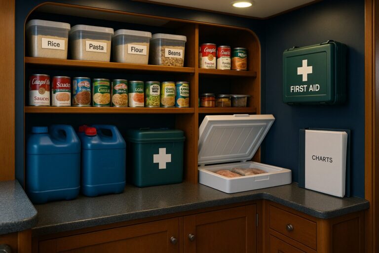 Well-organized galley pantry with labeled containers, canned goods, first aid kits, and charts on a North Pacific Yacht
