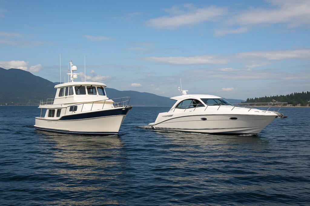 Two North Pacific custom yachts on calm waters with mountains in the background