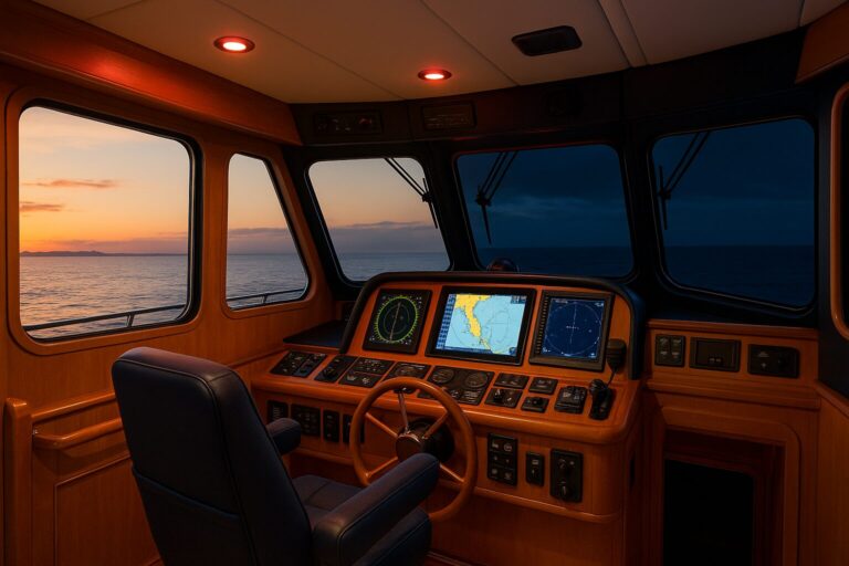 Elegant pilothouse helm station with navigation system at sunset on a trawler yacht