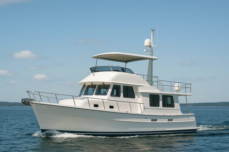 North Pacific Yachts custom white pilothouse trawler cruising on calm blue water