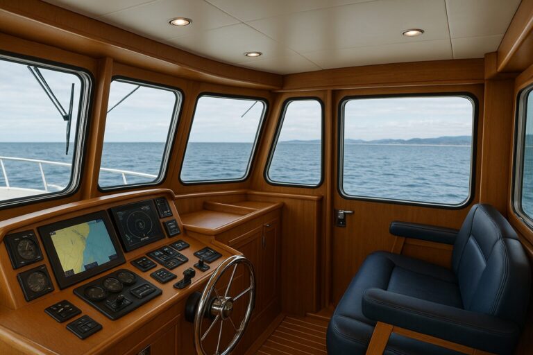 North Pacific Yachts pilothouse helm with navigation instruments and ocean view