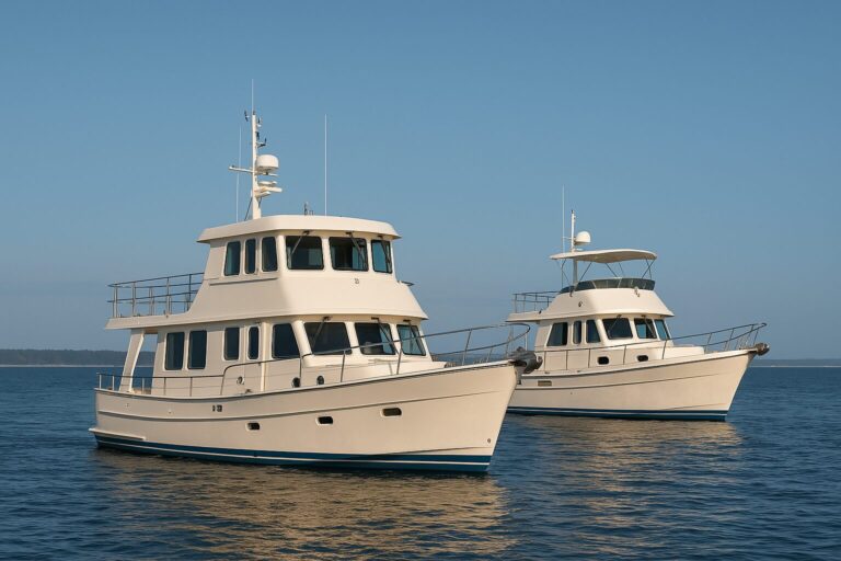 Two North Pacific custom pilothouse yachts on calm blue water under clear sky