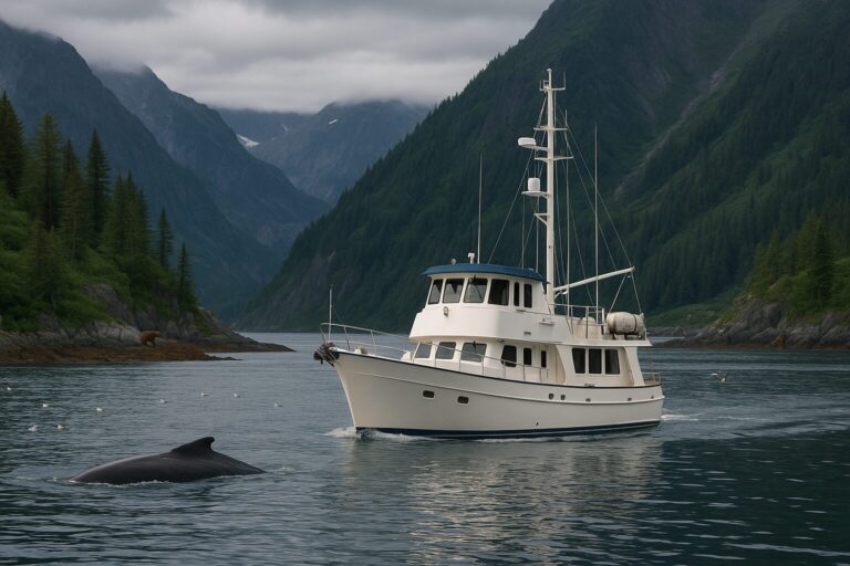 North Pacific Yachts pilothouse boat cruising near a whale in a scenic fjord