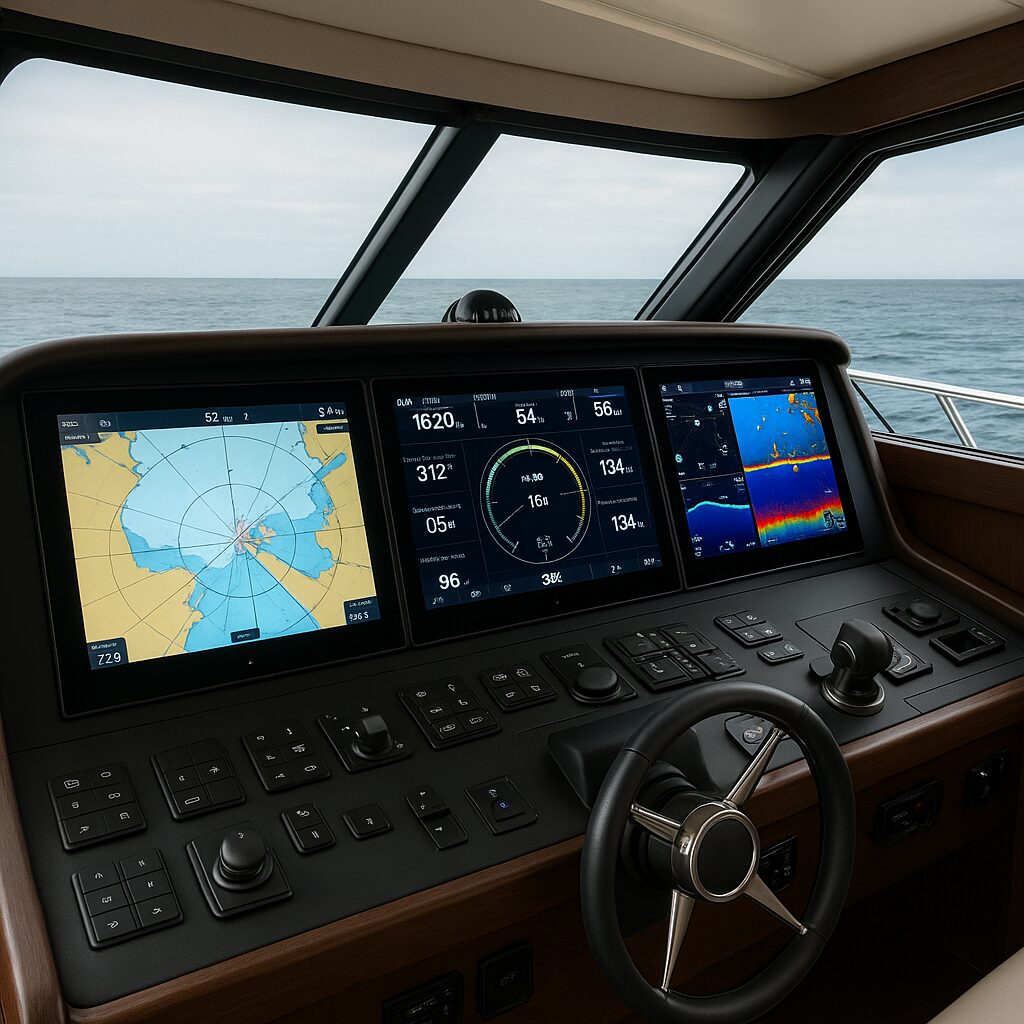 North Pacific Yachts pilothouse helm with advanced navigation displays and steering wheel