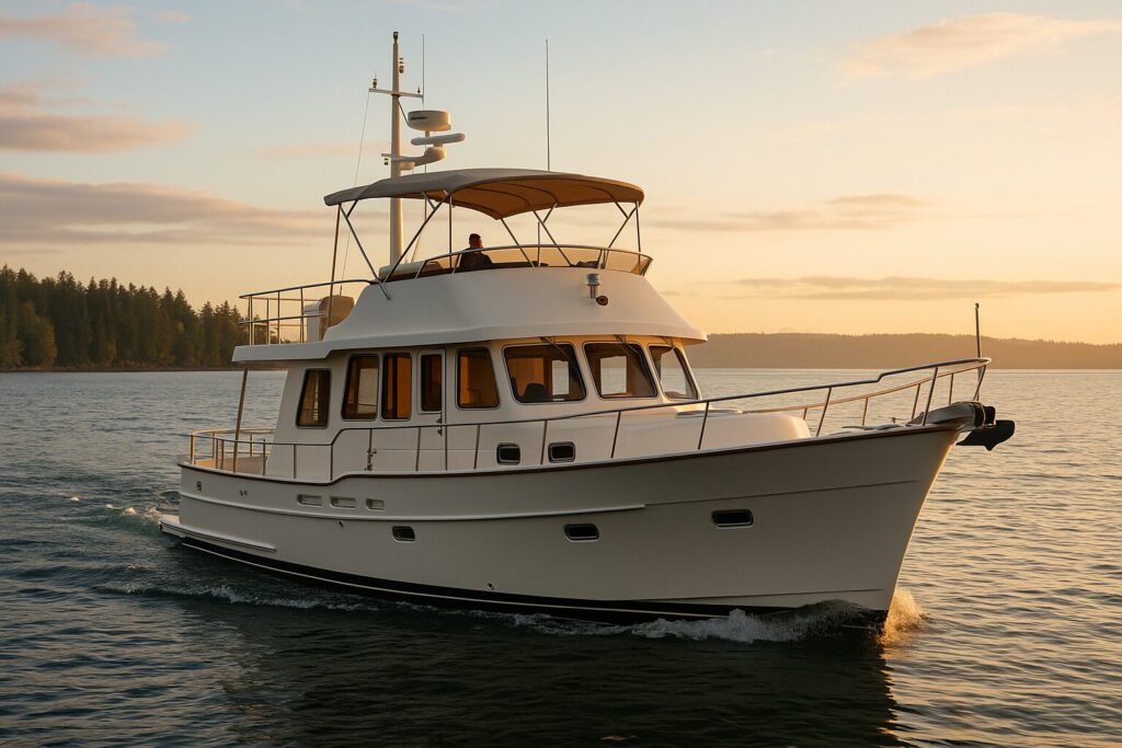 North Pacific trawler yacht cruising at sunset on calm waters