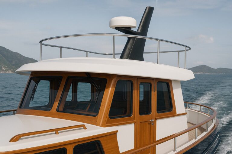 Close-up of wooden pilothouse and upper deck of luxury trawler yacht at sea