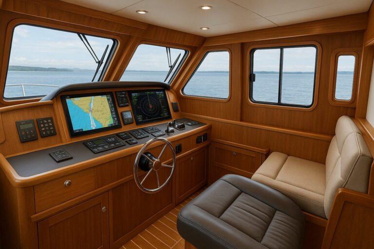 North Pacific Yachts pilothouse interior with navigation equipment and comfortable seating