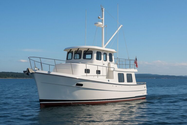 North Pacific Yachts custom pilothouse trawler cruising on calm water