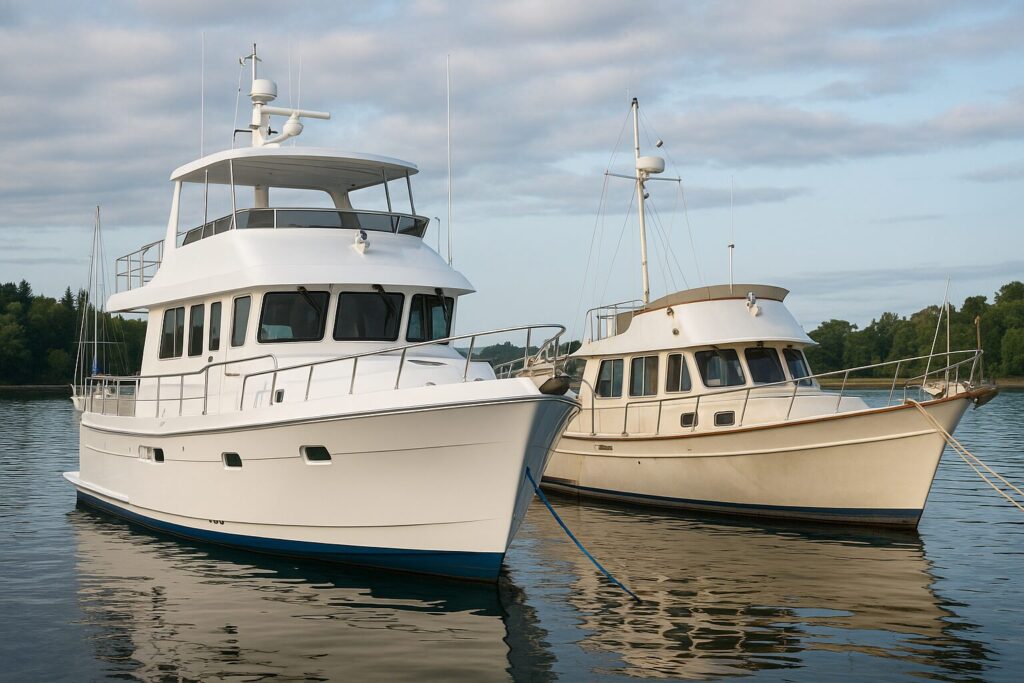 Two North Pacific Yachts pilothouse trawlers docked side by side on calm water