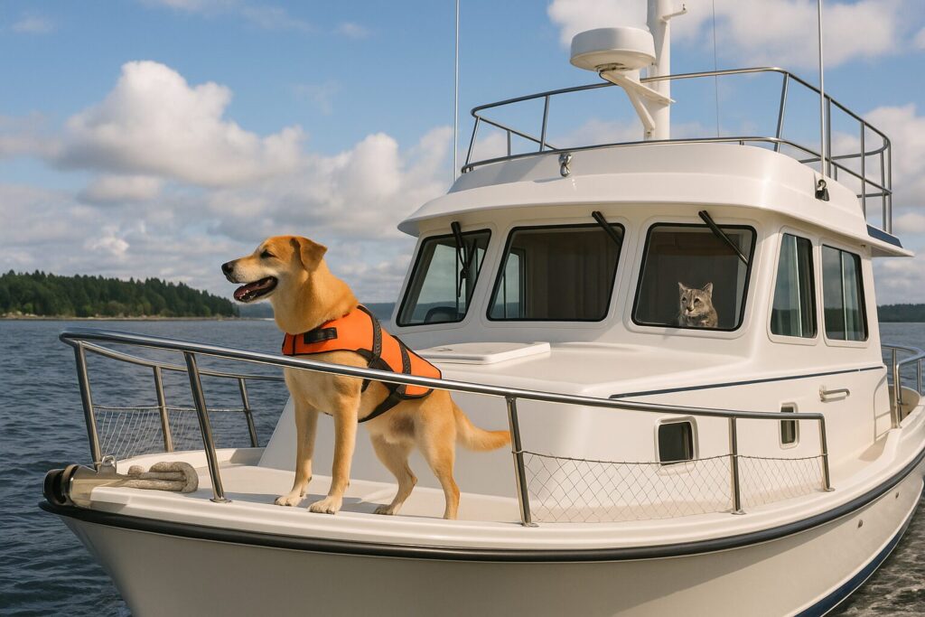 Dog wearing an orange life jacket standing on the bow of a white pilothouse boat with a cat inside