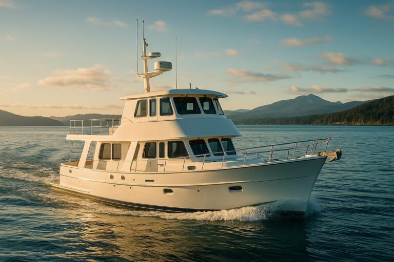 White custom pilothouse yacht cruising on calm water near forested mountains