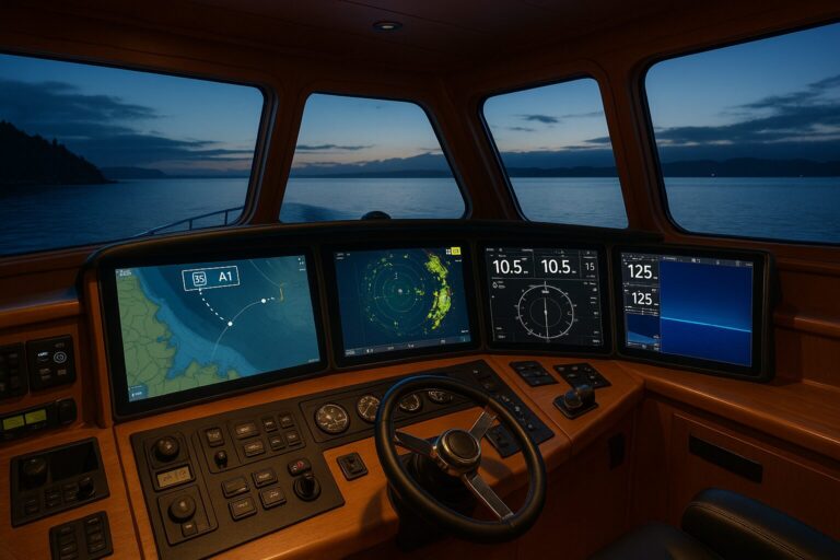 Modern pilothouse helm with navigation and radar screens at dusk on a North Pacific yacht