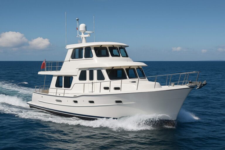 North Pacific Yacht custom pilothouse trawler cruising on calm blue ocean