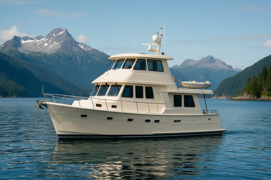 North Pacific Yachts custom pilothouse trawler anchored in blue mountain lake