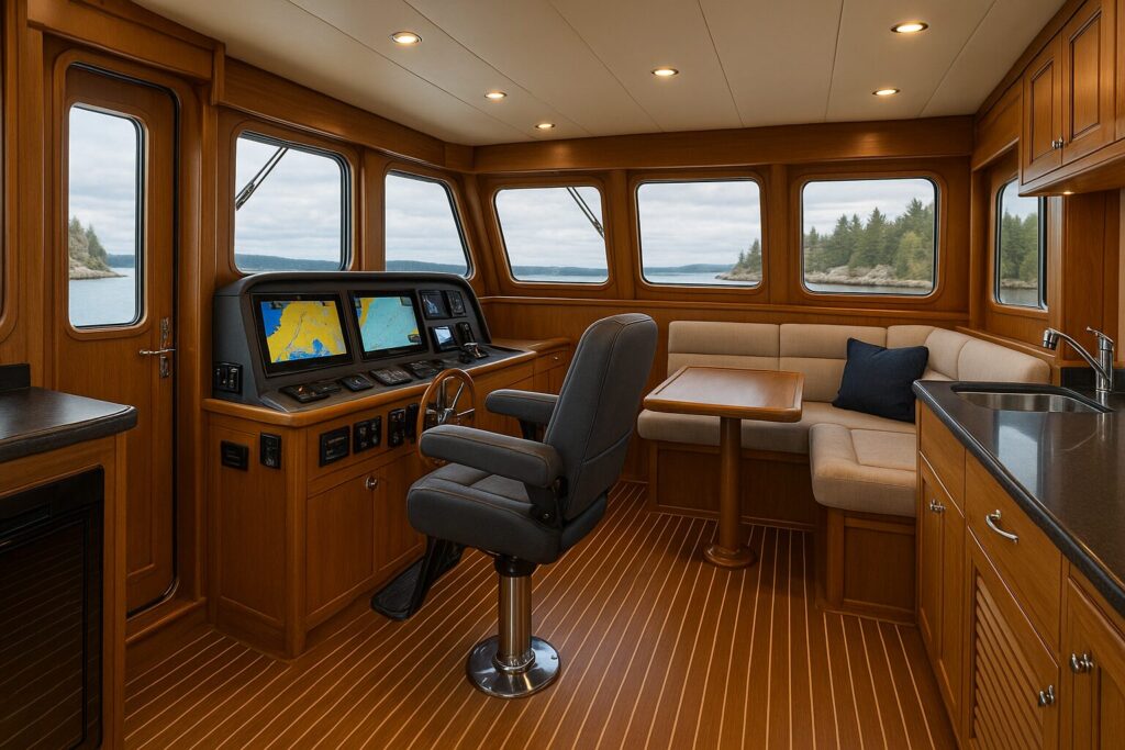 North Pacific Yacht pilothouse with helm station, navigation screens, seating area, and galley
