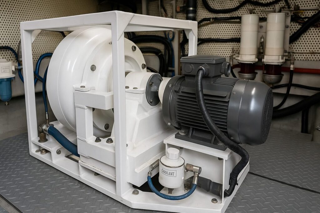 Marine winch system with electric motor and coolant lines on a North Pacific Yacht