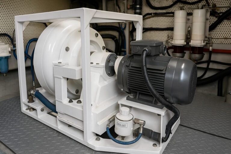 Marine winch system with electric motor and coolant lines on a North Pacific Yacht